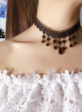 黑色蕾丝流苏水晶学生短款锁骨链
