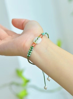 天然和田玉平安扣手链 和田玉方扣手链 蓝松石手链 手工绳手链