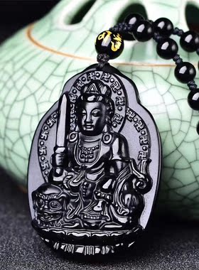 天然黑曜石文殊菩萨生肖兔吊坠