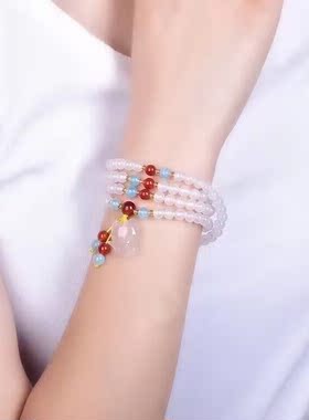 纯天然冰种白玛瑙圆珠6mm4圈加狐狸手链