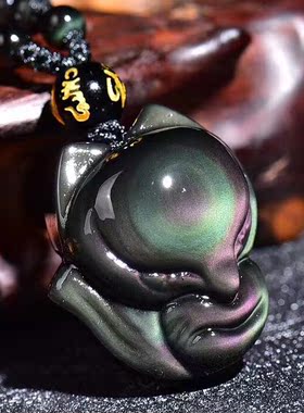 天然吊坠黑曜石狐狸