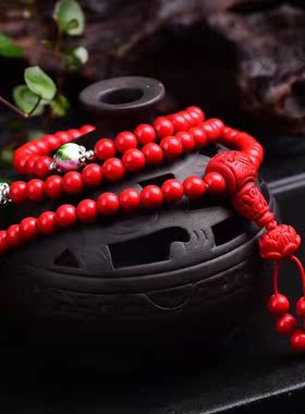 天然红朱砂108粒佛珠手链 108颗朱砂手串 朱砂莲花手串