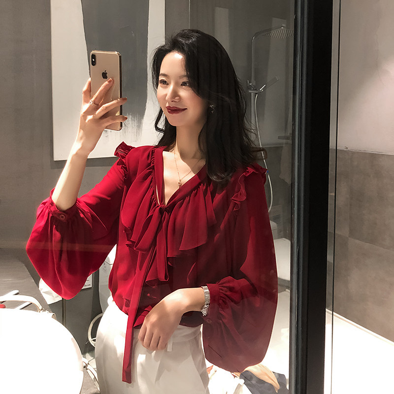 2022春装新款红色雪纺女复古衬衫 jajp衬衫