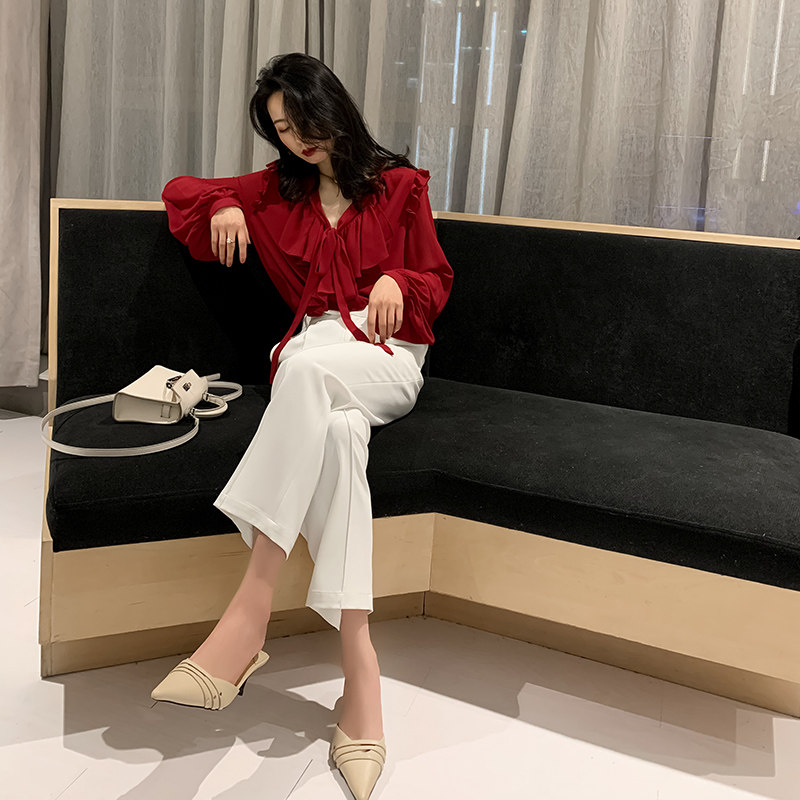 2022春装新款红色雪纺女复古衬衫 jajp衬衫