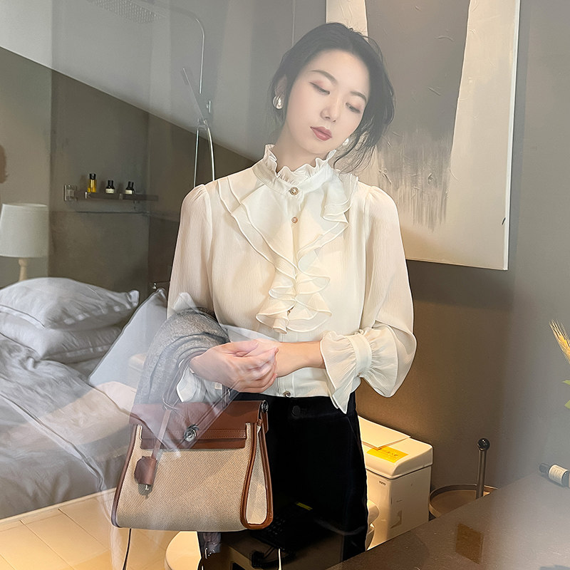 荷叶边雪纺立领花边上衣 jajp衬衫