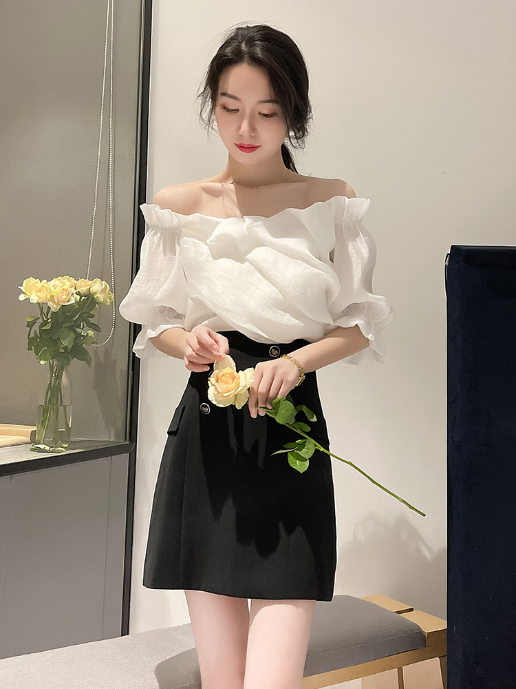 法式锁骨一字肩夏季设计感感雪纺衫 jajp蕾丝衫/雪纺衫