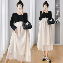 Pregnant womens autumn clothes dress dress 2023 new big code Conspiculess Spring Autumn Long Skirt Gestation Mom Splicing Loose Skirt Fall