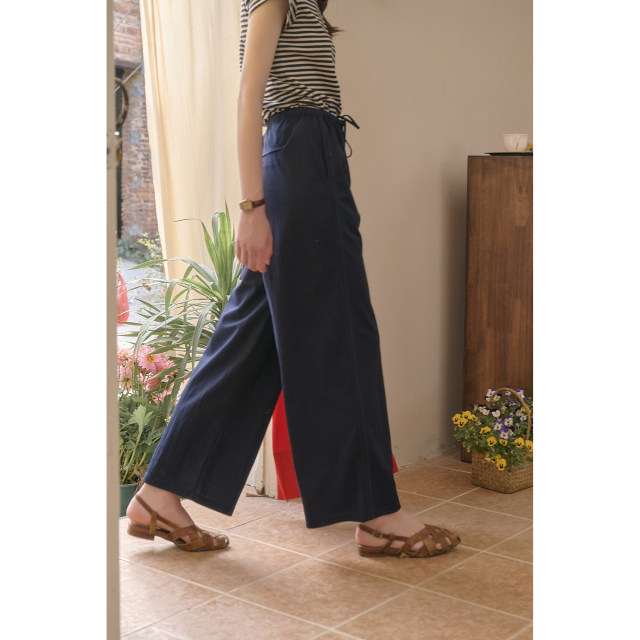 SimpleRetro elastic waist ສີຟ້າ straight casual pants ແມ່ຍິງ linen summer ເຢັນ drape pants ຂາກ້ວາງ