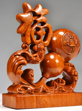 花梨木雕福禄双全摆件实木质福字家居客厅桌面装饰红木工艺品送礼