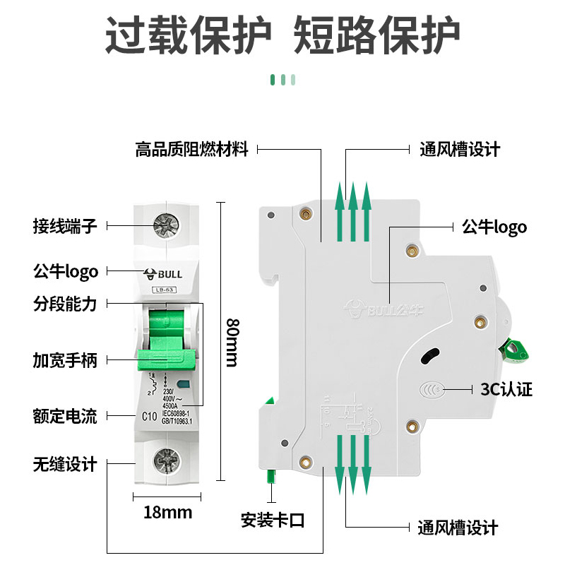 公牛空气开关1P2P3P家用塑壳小型空开63A三相电闸空开关断路器 - 图3