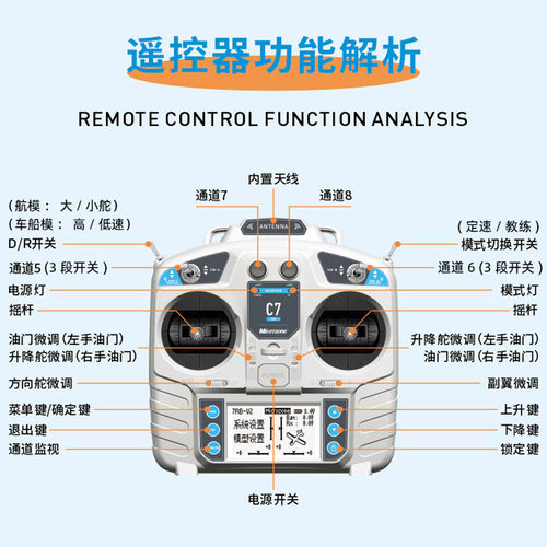 MC7遥控器mini 8通道2.4g航模接收机可配自稳固定翼车船割草机 6C - 图0