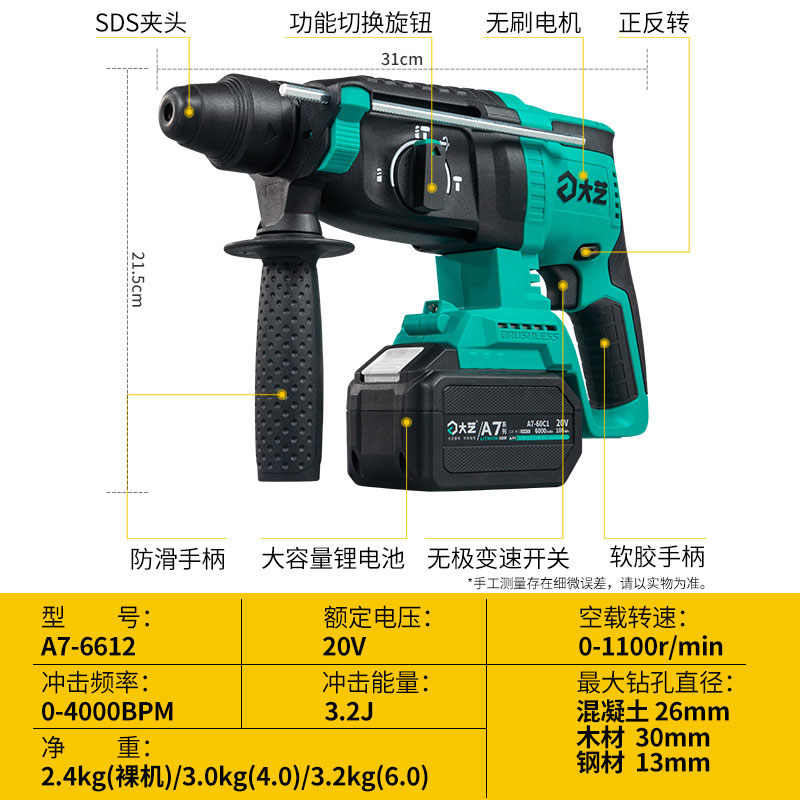 艺大电动工具套装组合电锤冲击钻无刷锂电充电电扳手A7多功能6612-图2