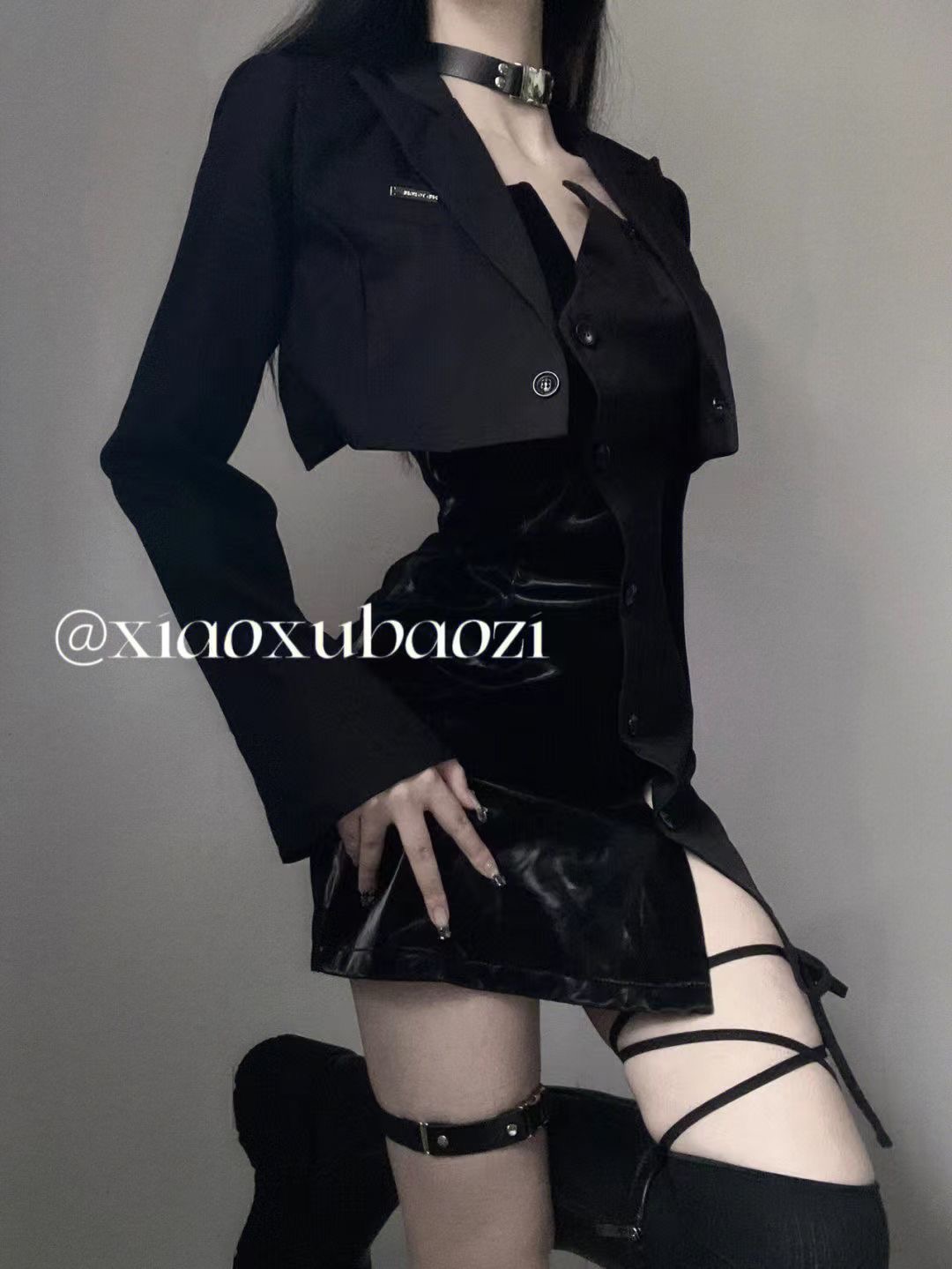 甜辣chic辣妹高级感西装短外套吊带修身皮连衣裙绝美miujk制服女 - 图1