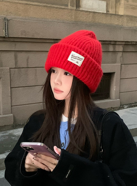 马年新年红色保暖针织帽女冬季