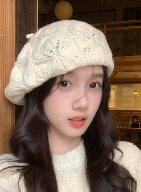 古着感钩花贝雷帽女日系画家帽