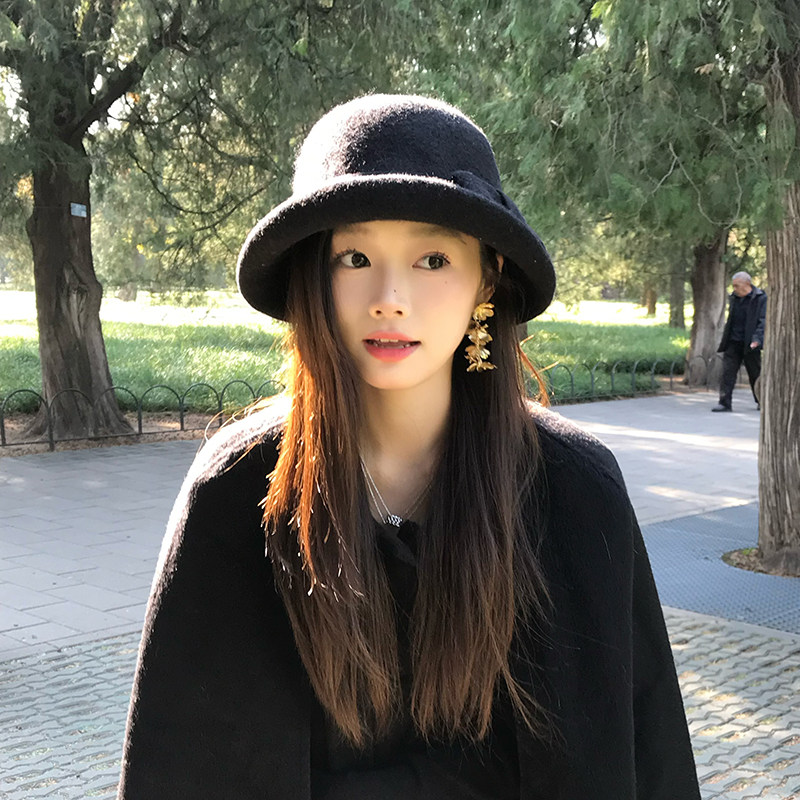 民国复古羊毛小礼帽女秋冬法式气质盆帽蝴蝶结赫本风圆顶渔夫帽子