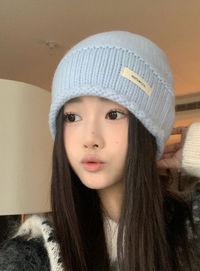 100%绵羊毛针织帽女冬季蓝色冷帽