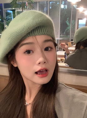 韩系甜美女秋冬针织贝雷帽