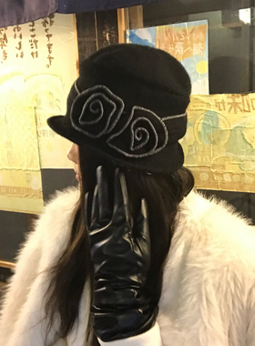 日式千金玫瑰花黑色羊毛小礼帽女