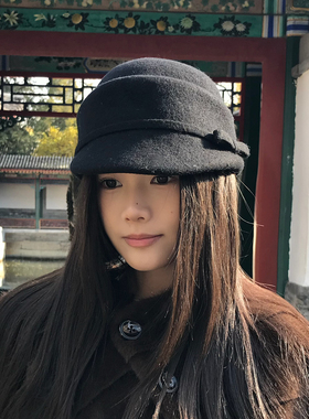 法式蝴蝶结小礼帽黑色羊毛马术帽