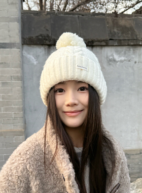 氛围感米白色麻花针织毛线帽女