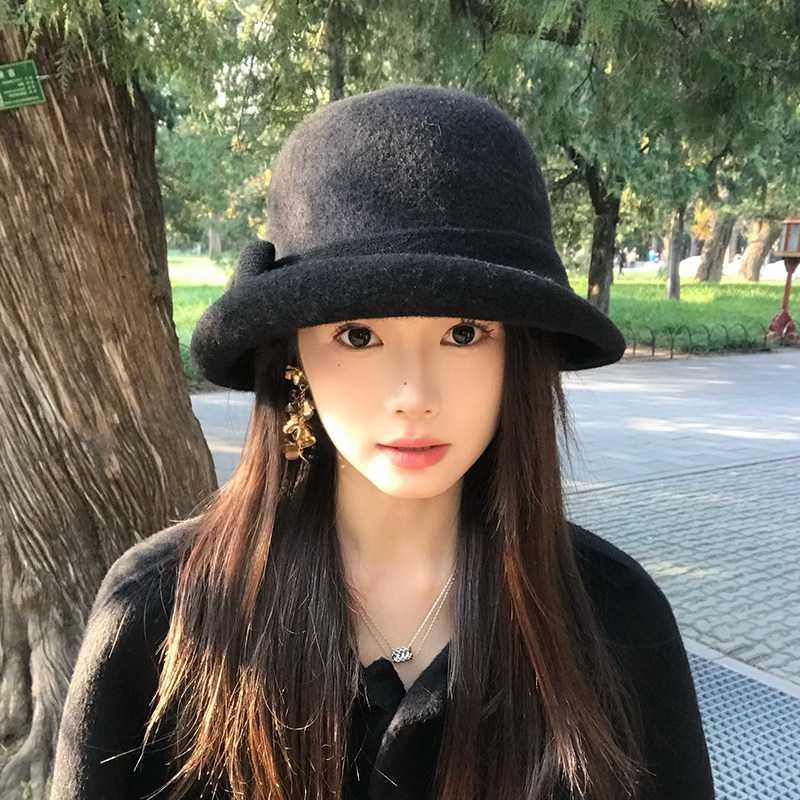 民国复古羊毛小礼帽女秋冬法式气质盆帽蝴蝶结赫本风圆顶渔夫帽子