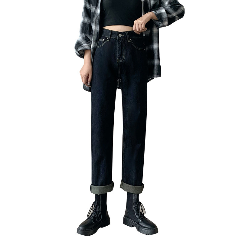 黑色直筒宽松加绒高腰阔腿子牛仔裤 g58服饰牛仔裤