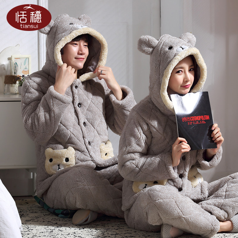 冬季情侣秋冬款法兰绒三层男士睡衣 恬穗睡衣/家居服套装