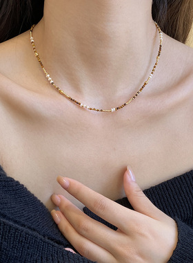 爆款美拉德咖啡色虎眼石极细精致锁骨链珍珠项链天然颈链女配饰