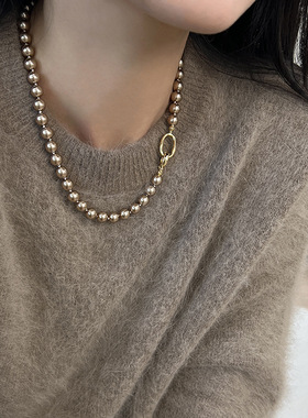 初雪秋冬美拉德摩卡金棕咖色珍珠法式项链高级感轻奢毛衣链气质