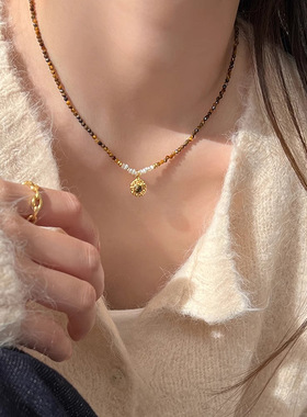 项链女轻奢小众秋冬款虎眼石淡水珍珠项链日常百搭串珠项链毛衣链