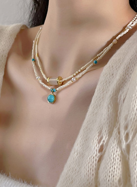 2025新款转运蓝松纯手工文艺小清新天然石串珠项链女叠戴锁骨