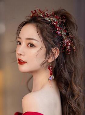 高级感新娘红色婚纱轻礼服头饰敬酒年会水晶发箍发饰结婚婚礼配饰