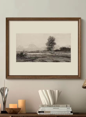 山野》复古黑白素描风景画法式中古风客厅装饰画玄关走廊书房挂画