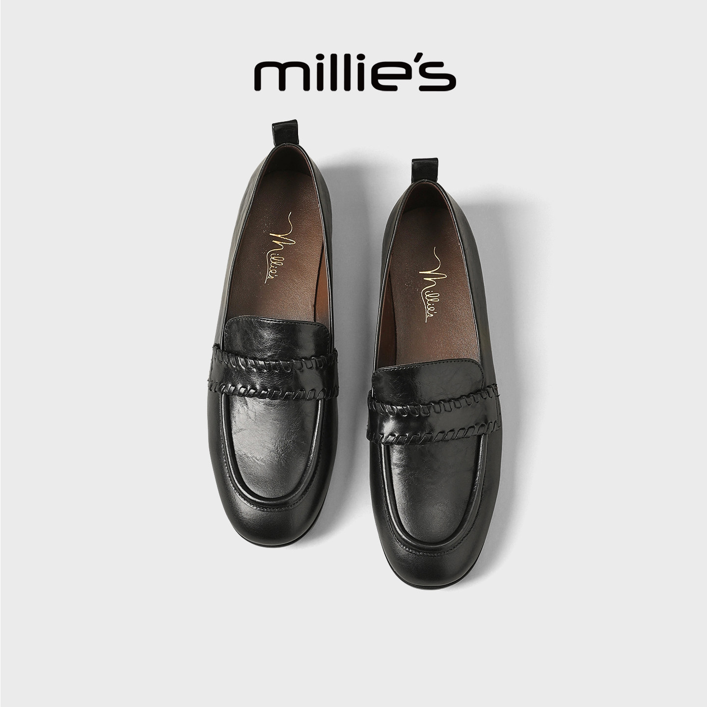 MILLIE'S/妙丽真皮平底乐福鞋女春季黑色一脚蹬通勤复古风豆豆鞋,淘宝优惠券,粉丝福利购,淘宝优惠卷