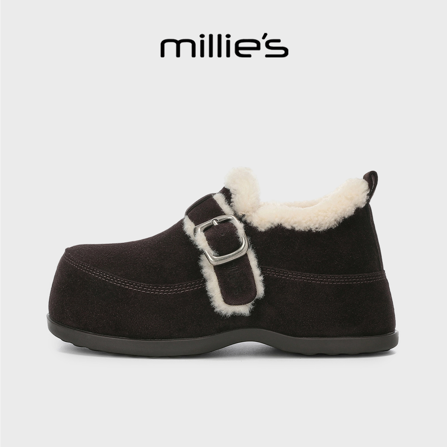 MILLIE'S/妙丽毛绒全包勃肯鞋女鞋冬季厚底加绒保暖休闲外穿棉鞋 - 图3