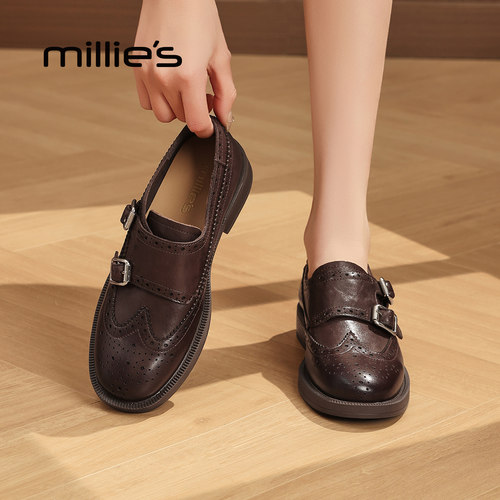 MILLIE'S/妙丽布洛克乐福鞋女2026春季新款棕色真皮厚底增高单鞋 - 图0