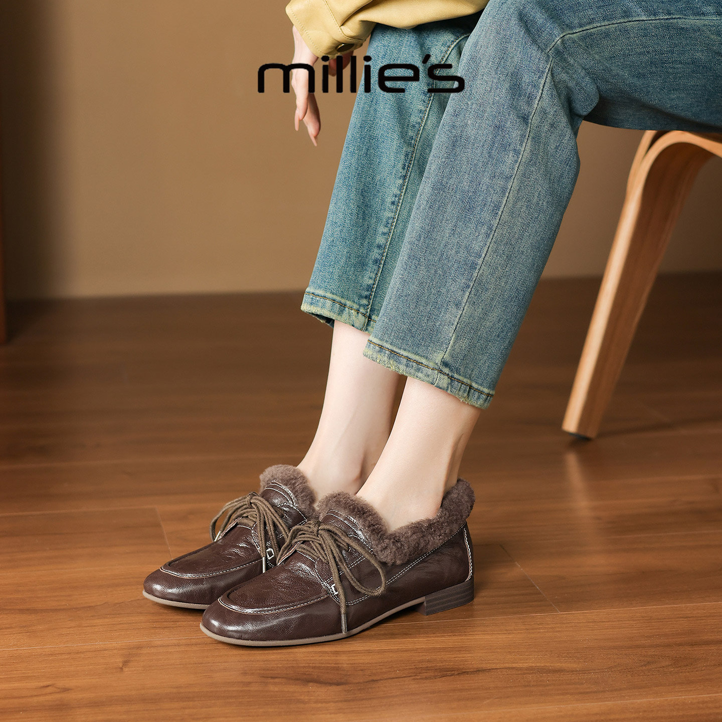 MILLIE'S/妙丽小皮鞋女2025新款冬季加绒保暖毛毛棉鞋乐福豆豆鞋,淘宝优惠券,粉丝福利购,淘宝优惠卷