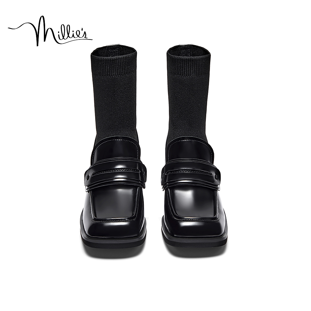 millies/妙丽女鞋冬季新款弹力袜靴女厚底乐福鞋粗跟短靴85601DD3