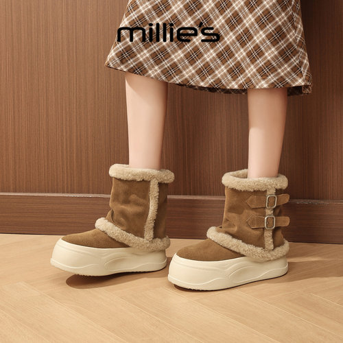 MILLIE'S/妙丽毛绒雪地靴女款冬季加绒保暖双扣带中筒靴厚底棉靴 - 图0
