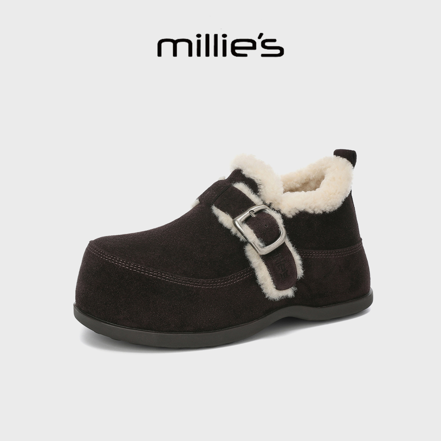MILLIE'S/妙丽毛绒全包勃肯鞋女鞋冬季厚底加绒保暖休闲外穿棉鞋 - 图0