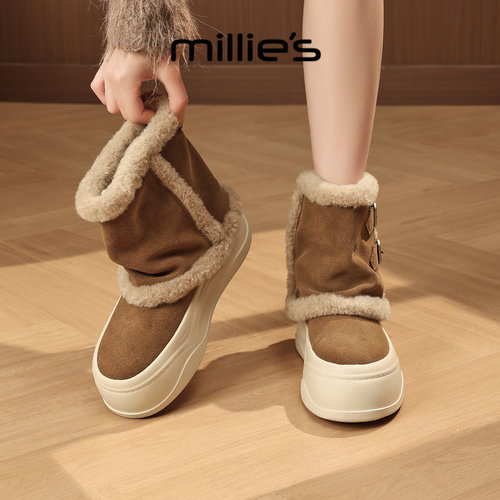 MILLIE'S/妙丽毛绒雪地靴女款冬季加绒保暖双扣带中筒靴厚底棉靴 - 图1