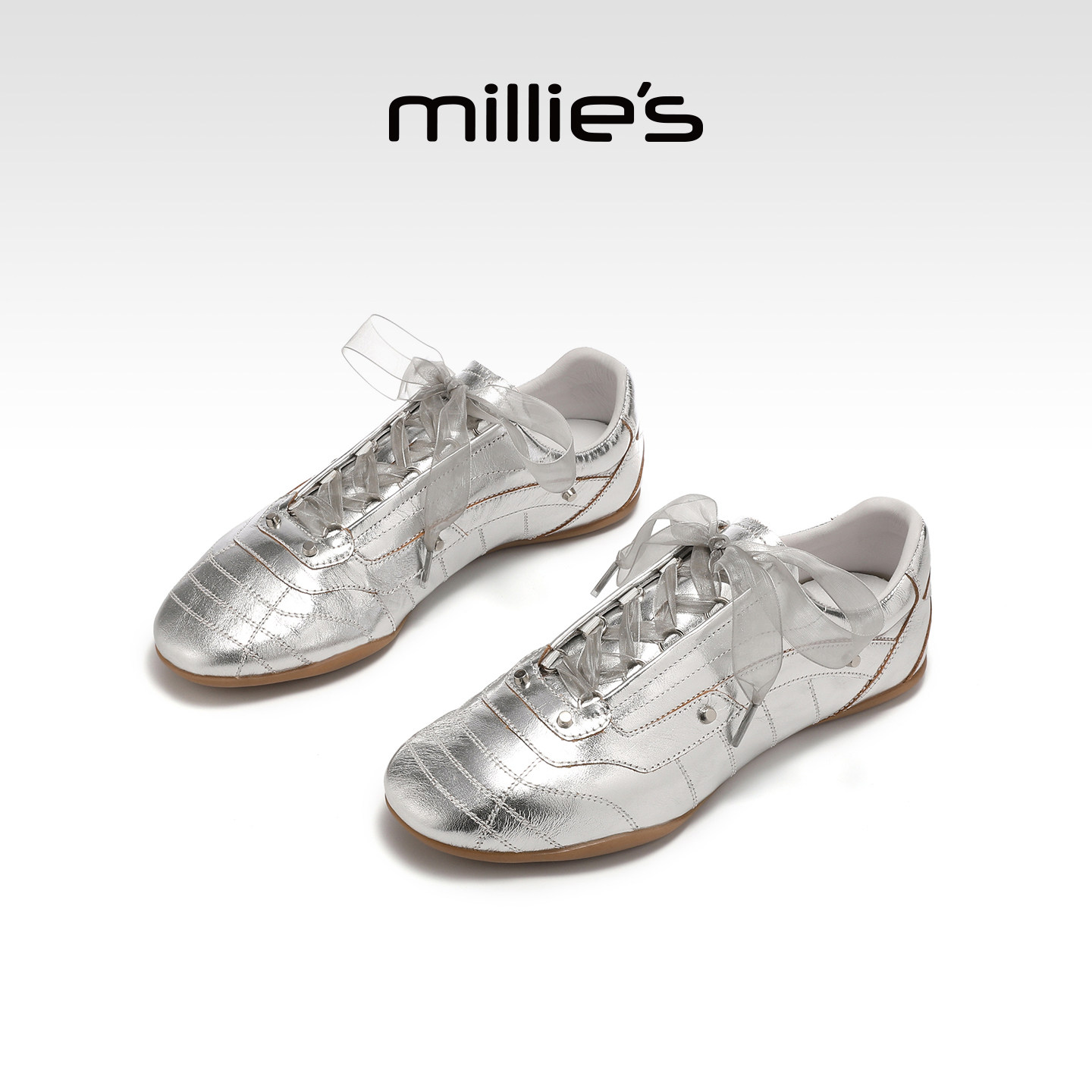 MILLIE'S妙丽银色芭蕾风平底单鞋女真皮百搭休闲鞋,淘宝优惠券,粉丝福利购,淘宝优惠卷