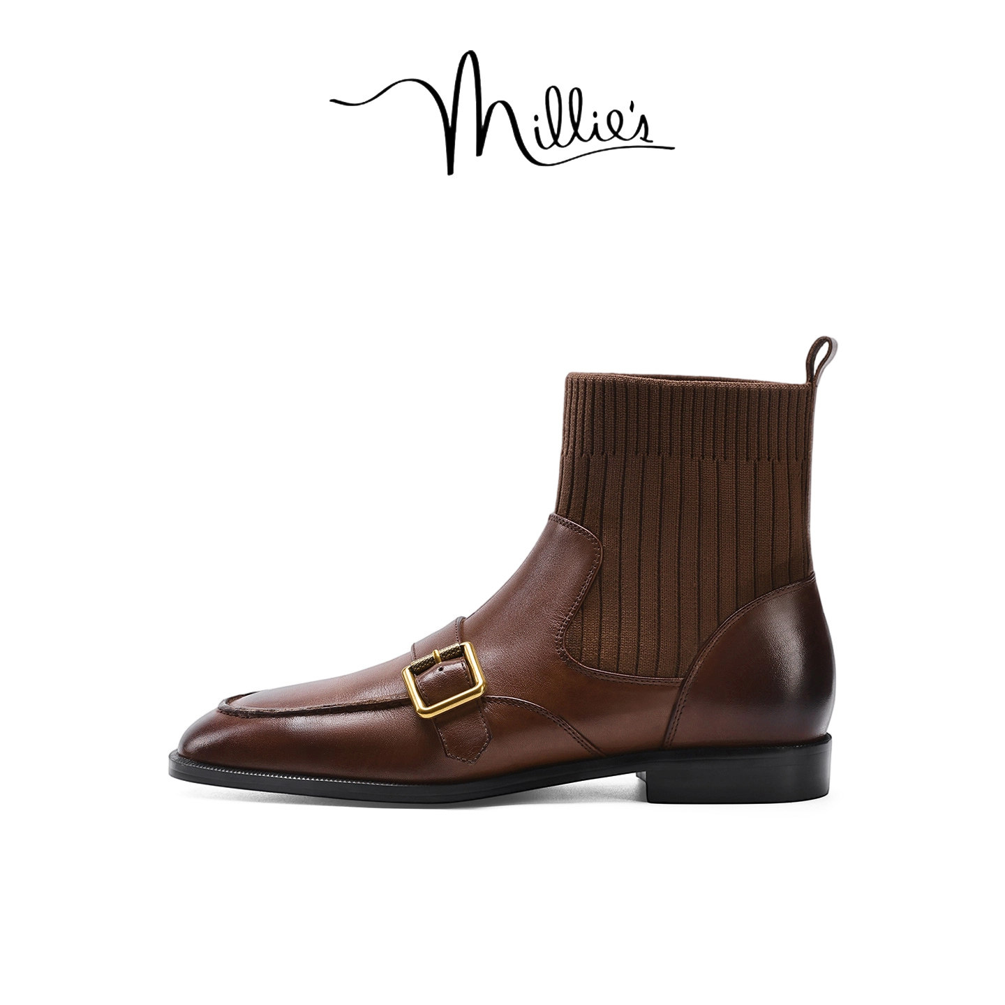 MILLIE'S/妙丽真皮弹力短靴女款加绒棕色皮带扣粗跟瘦瘦靴袜靴女,淘宝优惠券,粉丝福利购,淘宝优惠卷