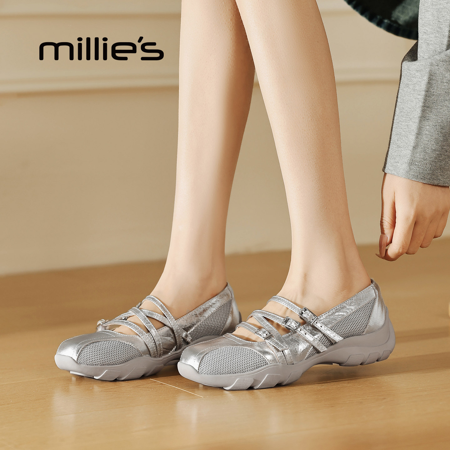 MILLIE'S/妙丽银色交叉带玛丽珍鞋女平底芭蕾舞鞋一字扣百搭单鞋,淘宝优惠券,粉丝福利购,淘宝优惠卷