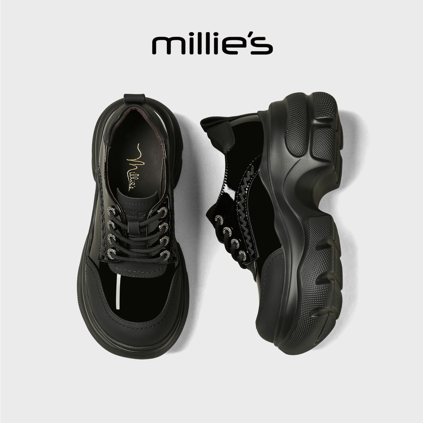 MILLIE'S/妙丽复古厚底小皮鞋女2026新款春季黑色增高深口单鞋,淘宝优惠券,粉丝福利购,淘宝优惠卷