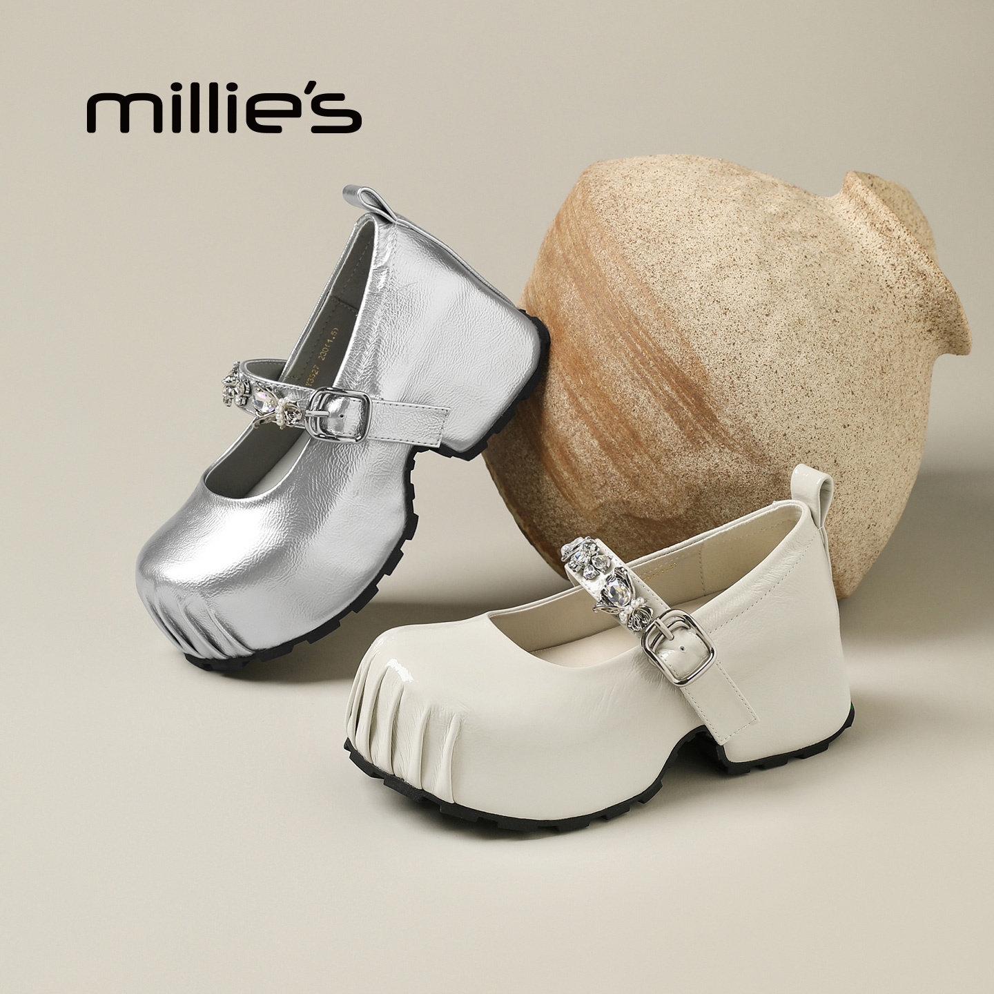 MILLIE'S/妙丽法式银色圆头玛丽珍鞋女春季新款一字扣带浅口单鞋,淘宝优惠券,粉丝福利购,淘宝优惠卷