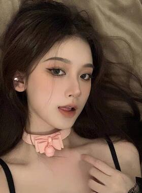 粉色蝴蝶结铃铛项链女纯欲可爱性感颈带项圈配饰链子choke