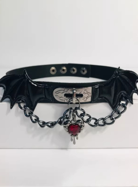 Lolita甜酷暗黑恶魔翅膀十字架吊坠皮项圈choker女哥特万圣节项链
