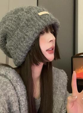 含羊毛秋冬毛线堆堆帽大头围百搭灰色冷帽保暖帽子情侣护耳针织帽